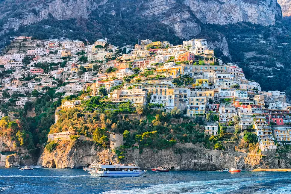 The houses of Positano climbing the cliff above the sea on the Amalfi Coast