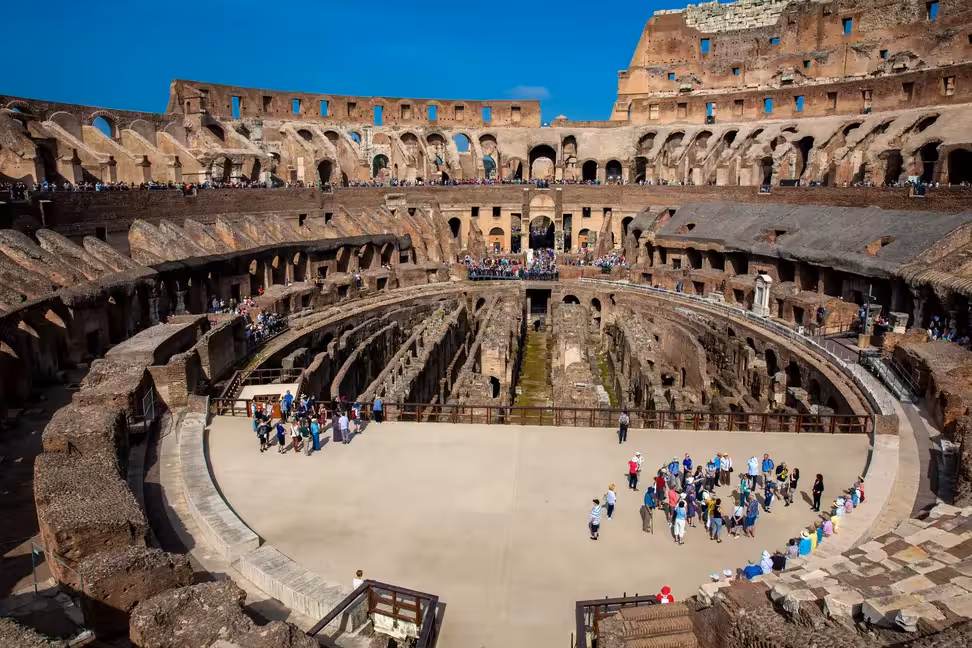 The arena floor and the underground passages inside the Colosseum in Rome.
