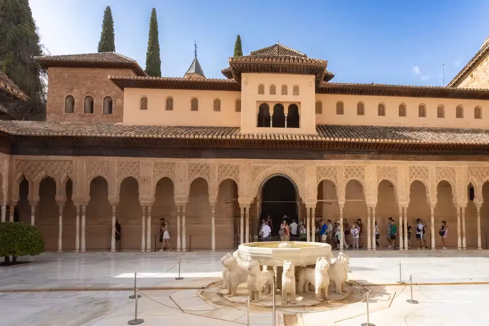 The Court of the Lions in the Alhambra, with its fountain and arcades.