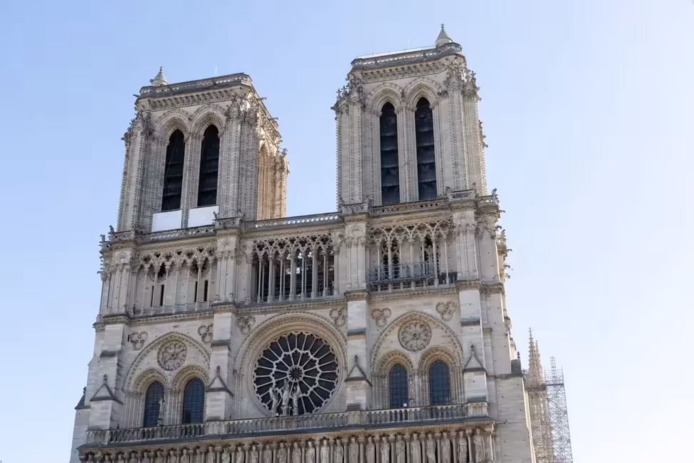 The two towers and the rose window on the façade of Notre-Dame de Paris.