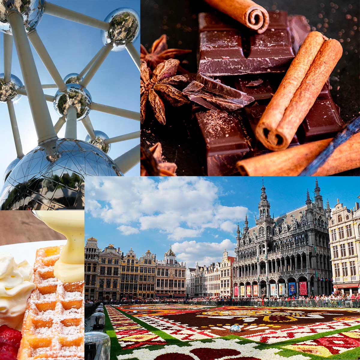 This collage captures the essence of Brussels, featuring the grandeur of the Grand Place, the futuristic Atomium, a tempting piece of Belgian chocolate, and a classic Belgian waffle, showcasing the city's architectural wonders and iconic culinary treats.