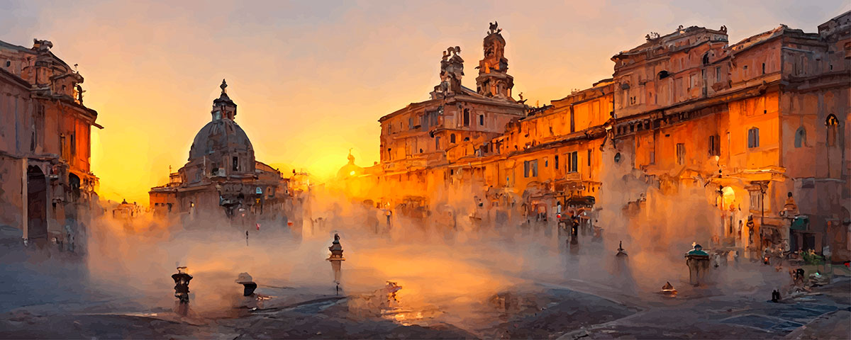 Rome at sunset features a warm, golden light bathing its ancient monuments and terracotta rooftops, creating a picturesque cityscape with iconic landmarks like the Colosseum and St. Peter's Basilica silhouetted against the vibrant sky.