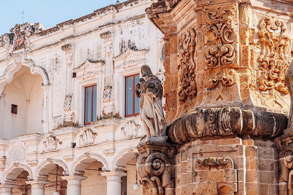 Lecce, Italy, features ornate Baroque architecture with intricate stone carvings, known as "Lecce stone," showcasing its historic churches, palaces, and piazzas, earning it the nickname "Florence of the South."