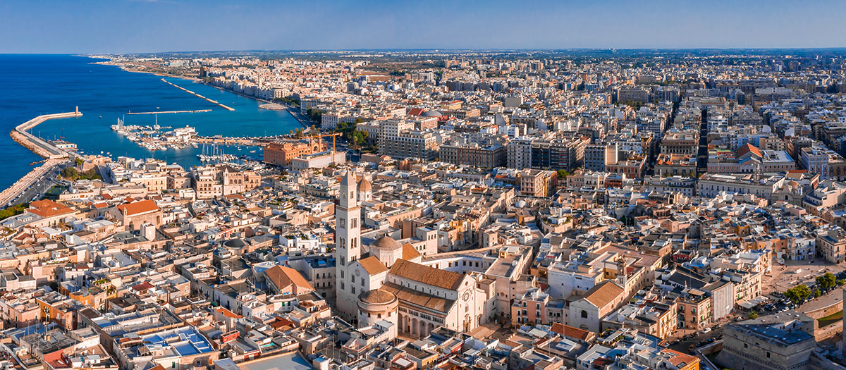 Aerial view of Bari old town. View of the Bari Cathedral (Saint Sabino) and "San Nicola Basilica", Bari second Cathedral. These churches were built during middle ages. 