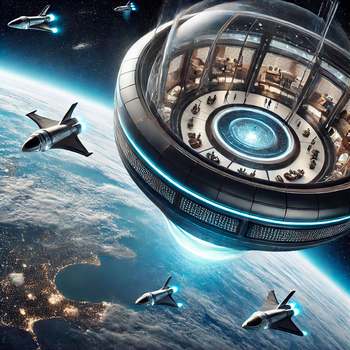 A conceptual image of space tourism, showing a luxury space hotel orbiting Earth