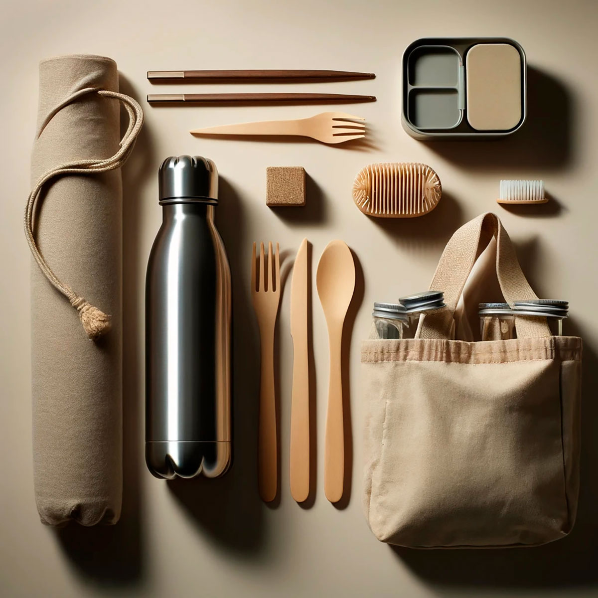 Eco-friendly travel essentials: reusable water bottle, cutlery, and tote bag.