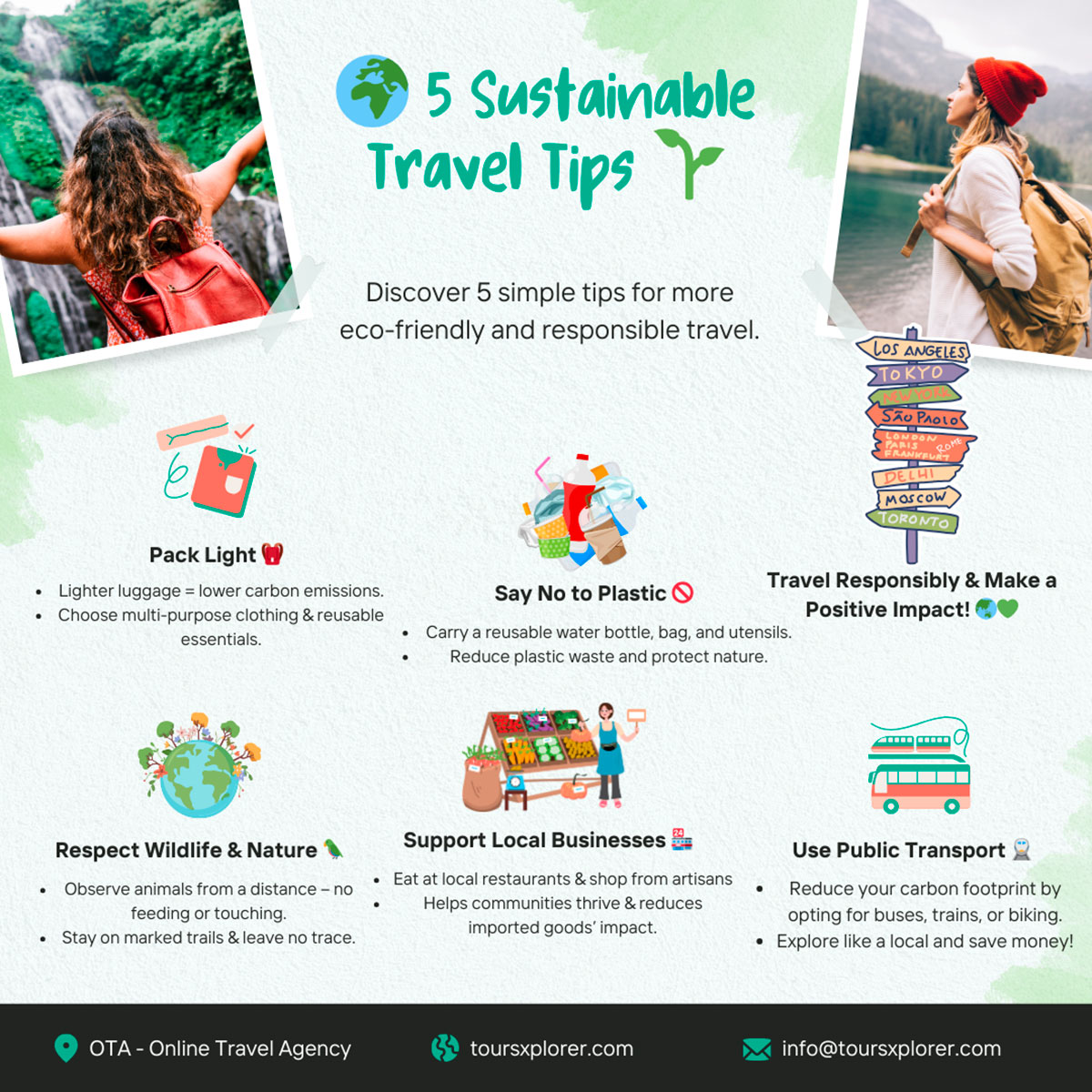 Infographic with top 5 sustainable travel tips.