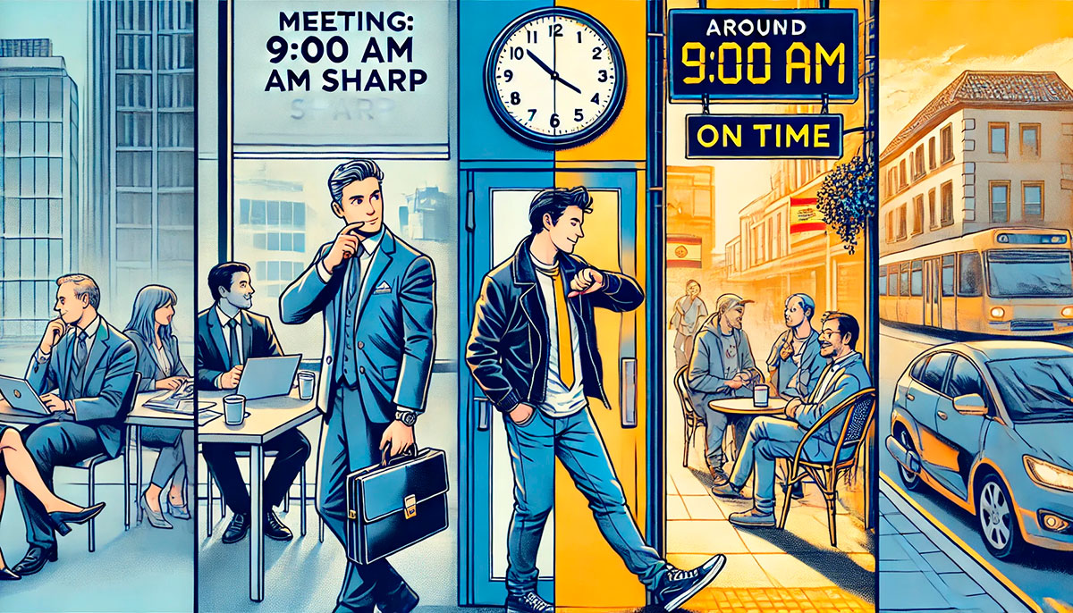 A visual comparison of punctual vs. flexible time cultures in different countries.