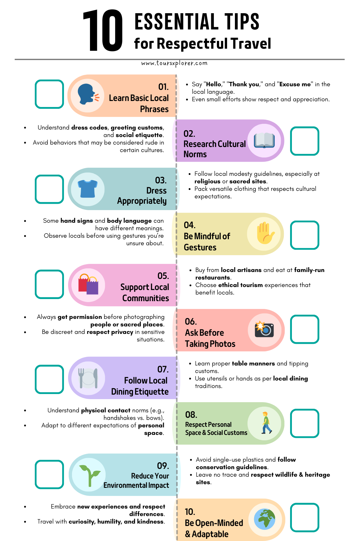 Checklist of 10 respectful travel tips, including cultural awareness, photography etiquette, and sustainable travel practices.