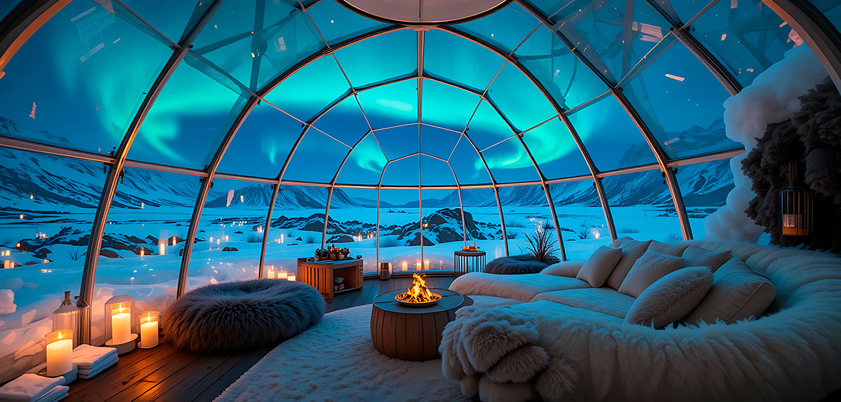 Interior of a luxurious glass igloo in Lapland with a snowy view.