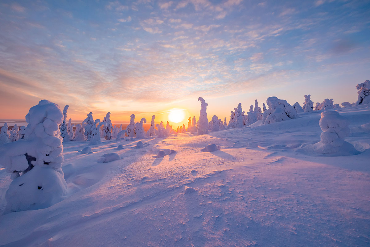 Vast and beautiful snow-covered landscape in Lapland.