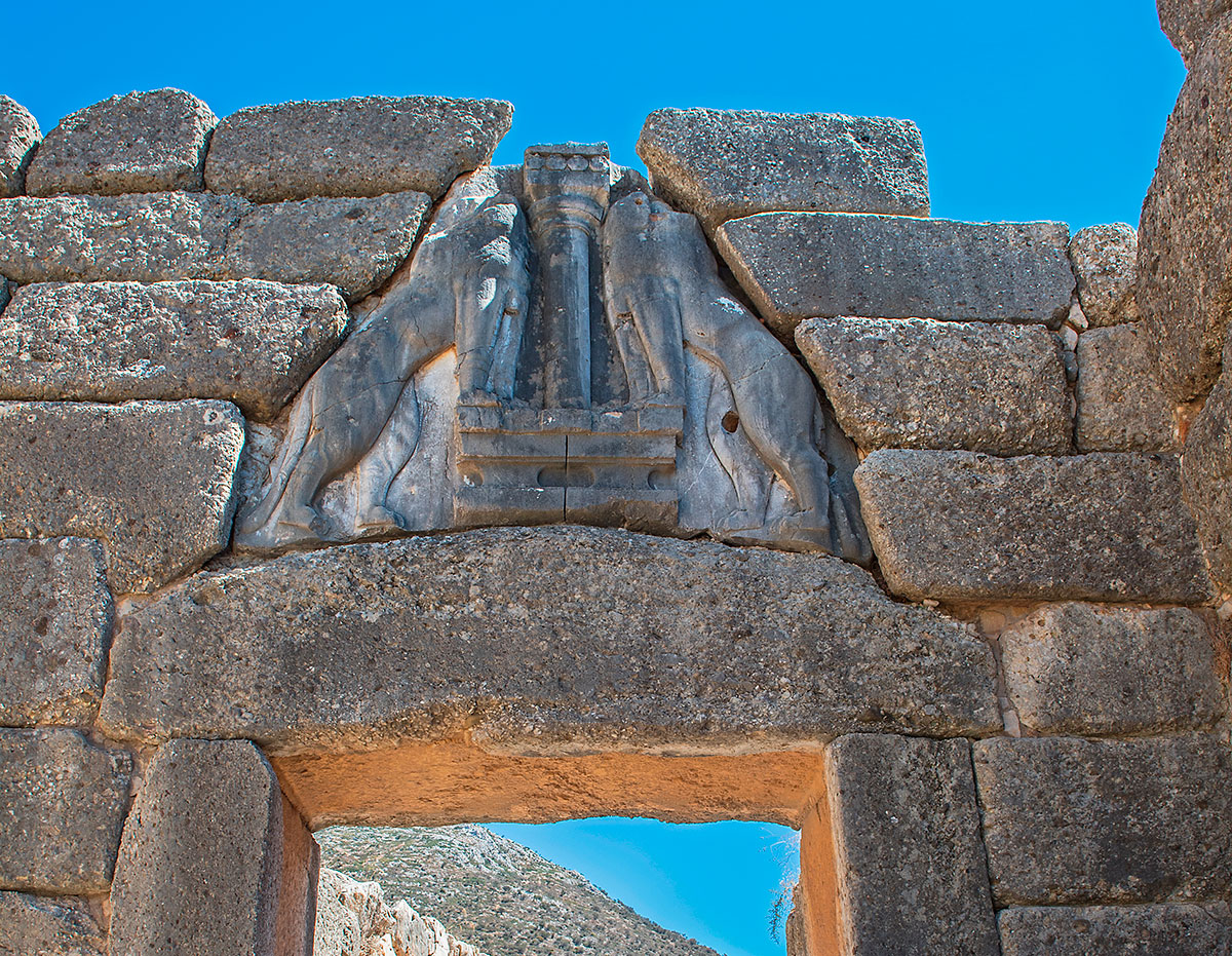 The Lion Gate of Mycenae, an ancient archaeological site in Greece.