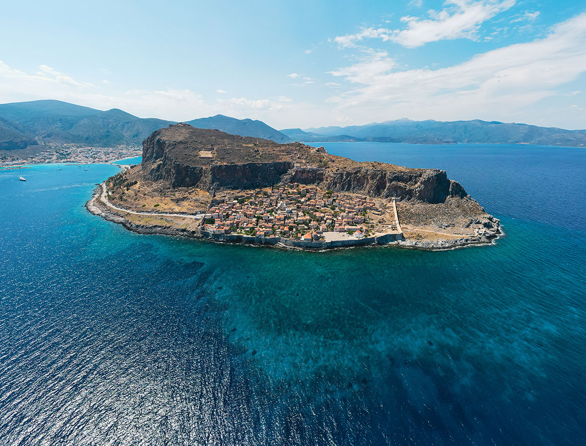 A view of Monemvasia's medieval castle town built on a rocky island.