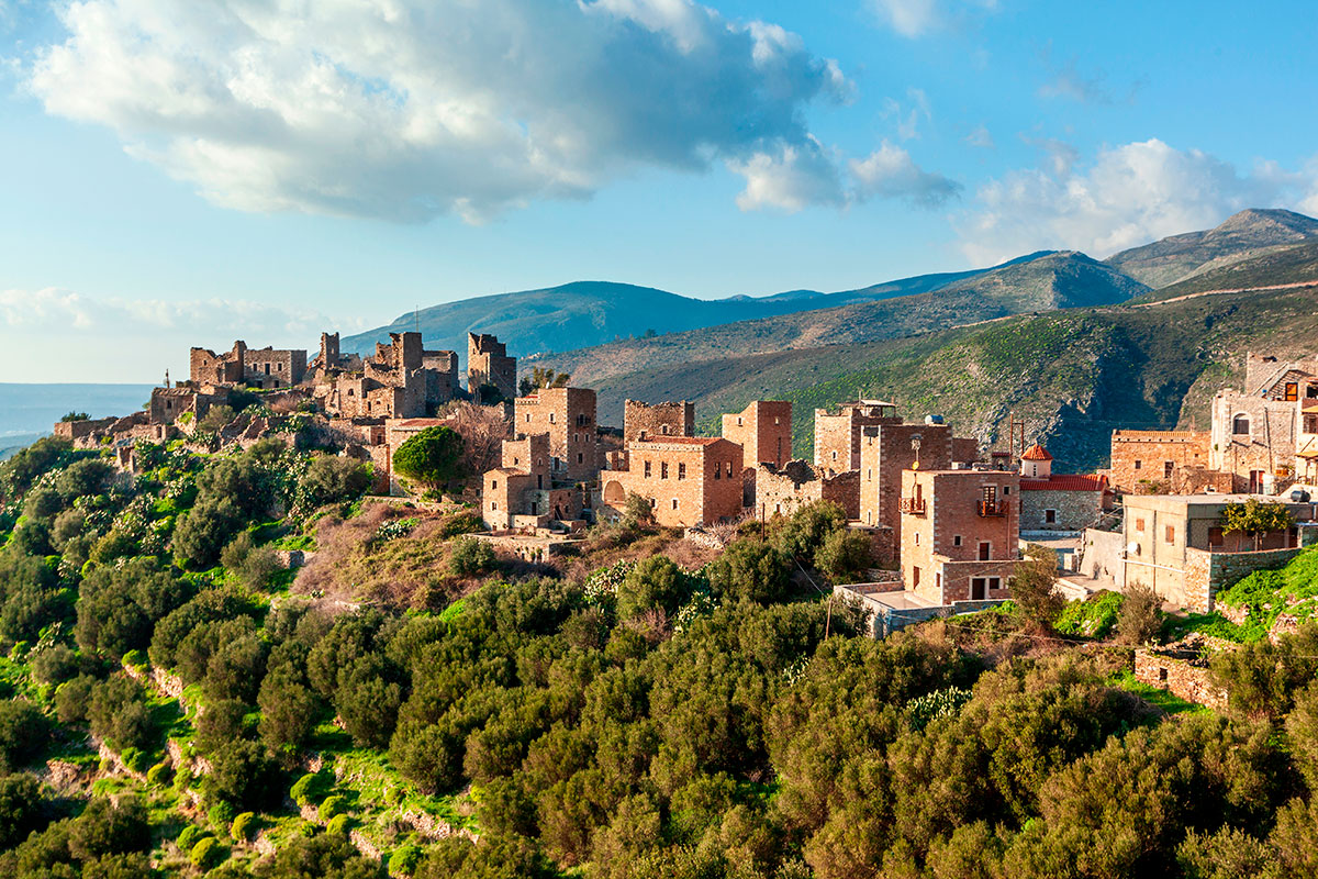 Stone tower houses in Mani, representing the region's self-sufficient way of life.