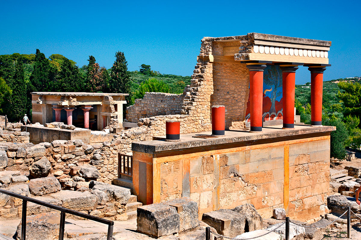 Ruins of Knossos Palace, Crete, with restored frescoes.