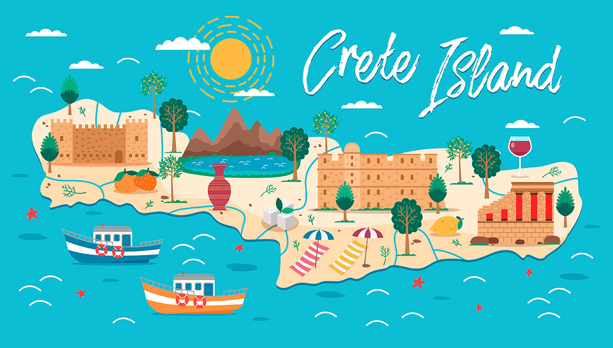 A clickable map of Crete showing popular attractions and hidden gems