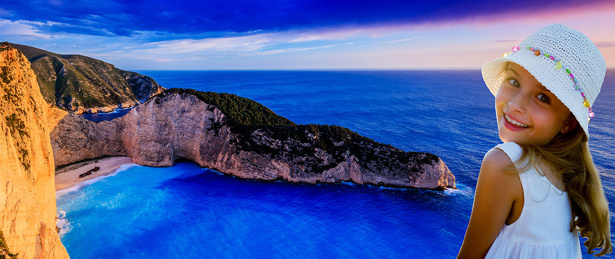 The turquoise waters of Navagio Beach in Zakynthos with a shipwreck on the shore.