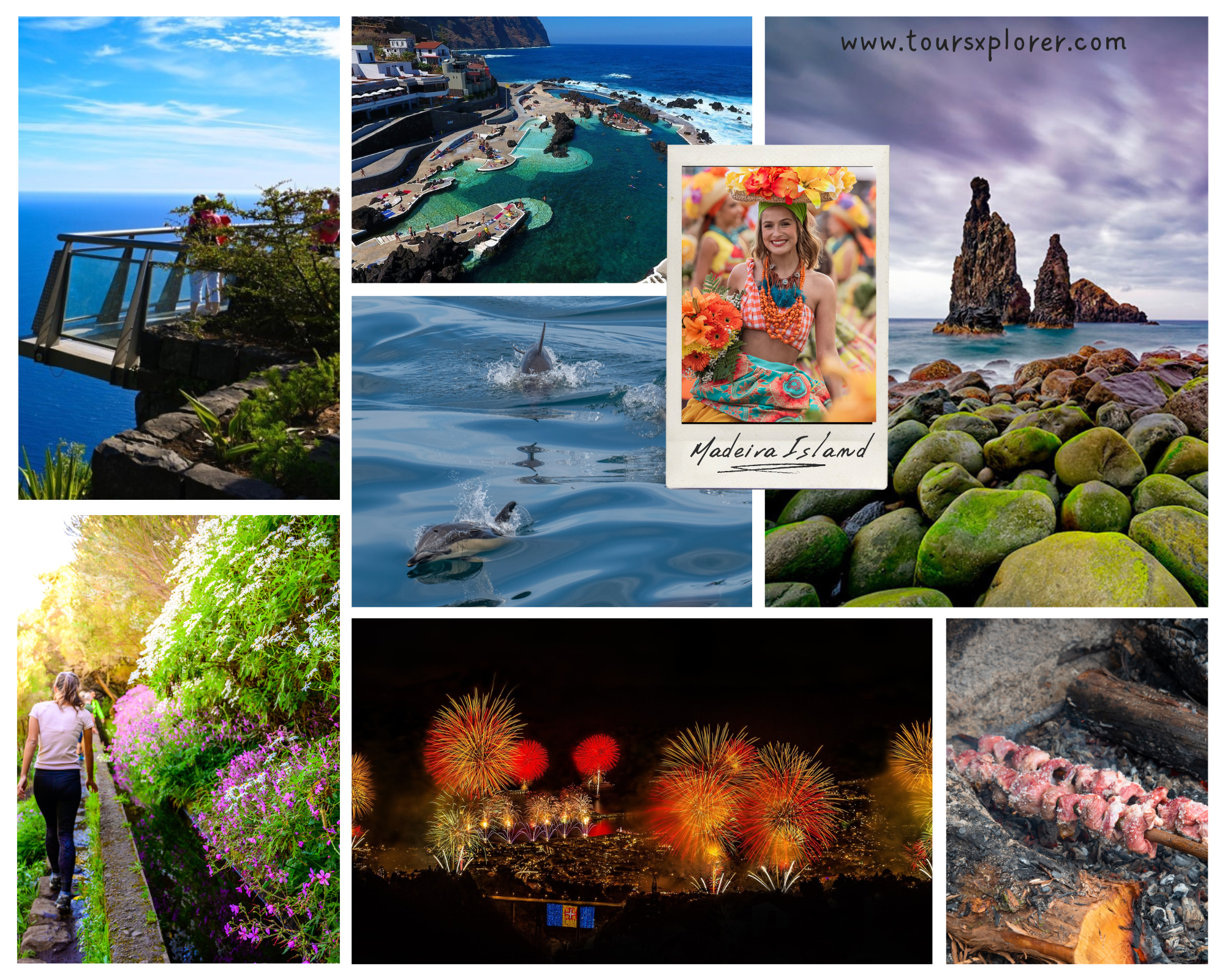 Collage of Madeira Island featuring mountain trails, natural lava pools, whale watching, traditional food, cultural festivals, and coastal landscapes.