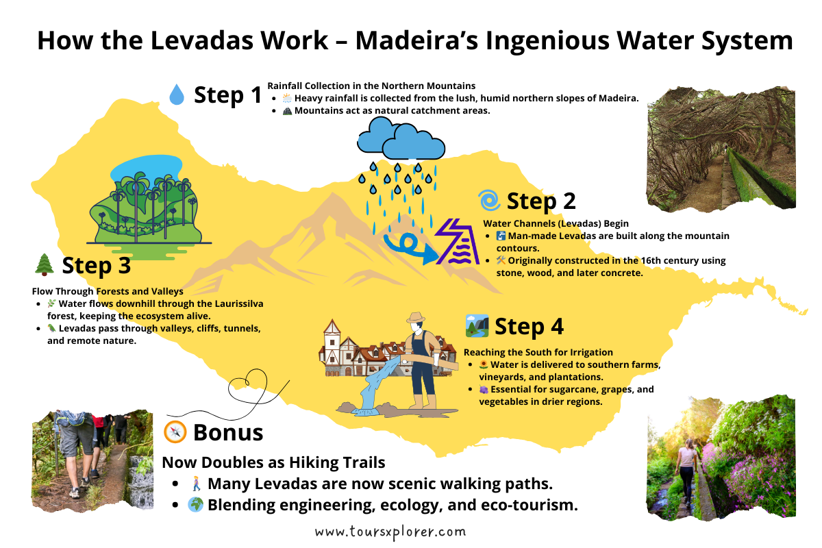 Infographic - Diagram showing water collected in the northern mountains of Madeira flowing through Levadas to irrigate southern farmland.