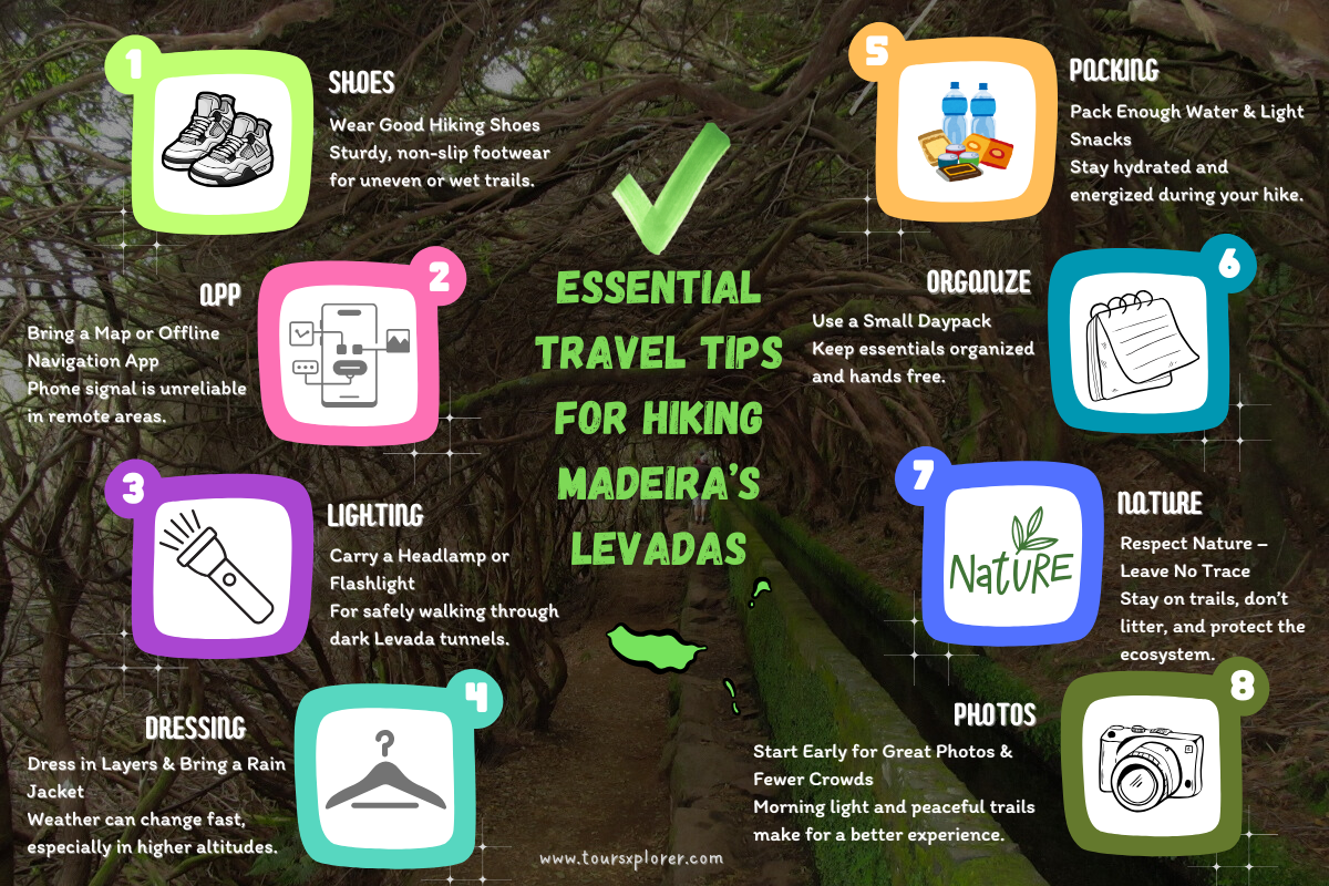Icon-based checklist for hiking Madeira Levadas, including shoes, map, water bottle, flashlight, and rain jacket.