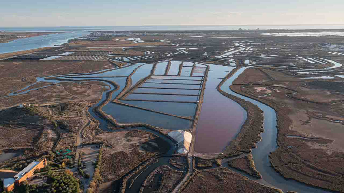 Traditional salt pans reflecting sunlight at Castro Marim Nature Reserve.