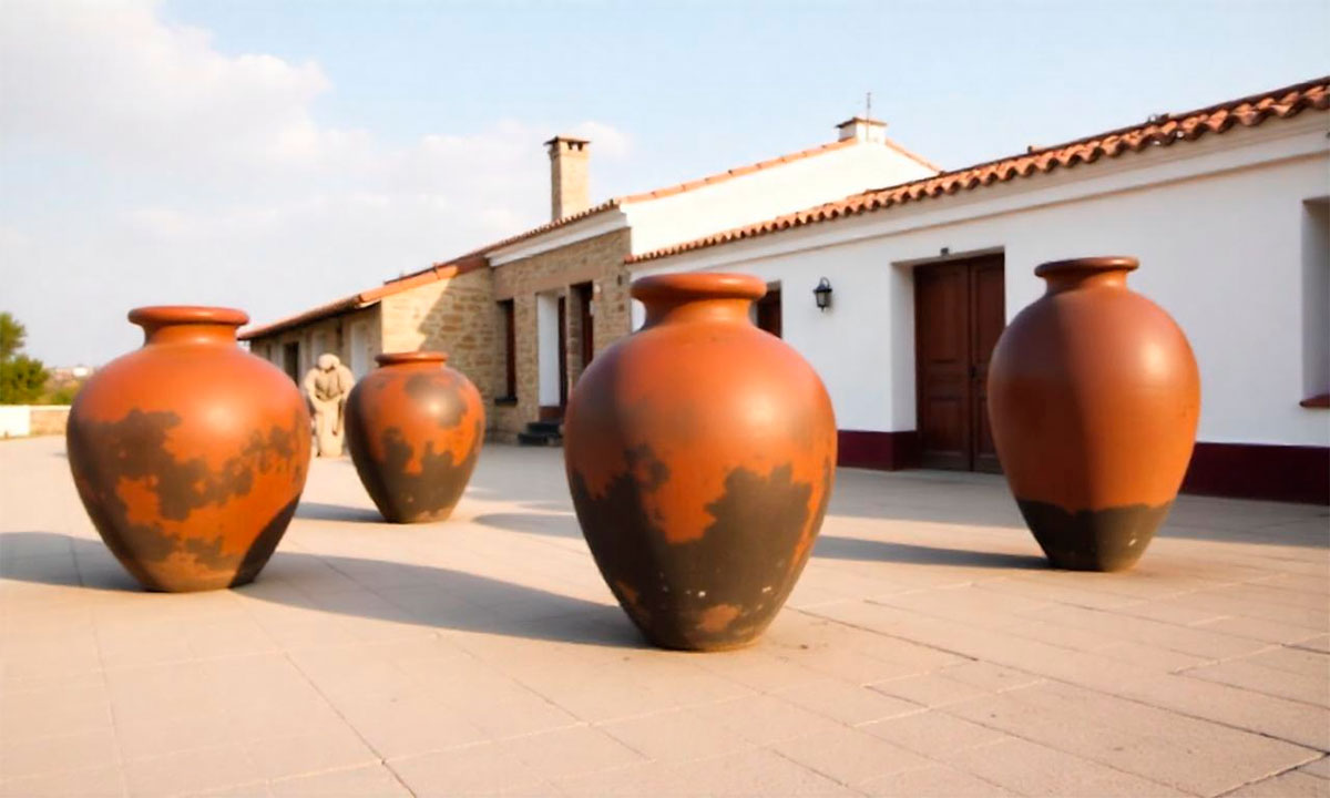 Large clay talha amphorae lined up in a traditional Alentejo winery used for fermenting wine.