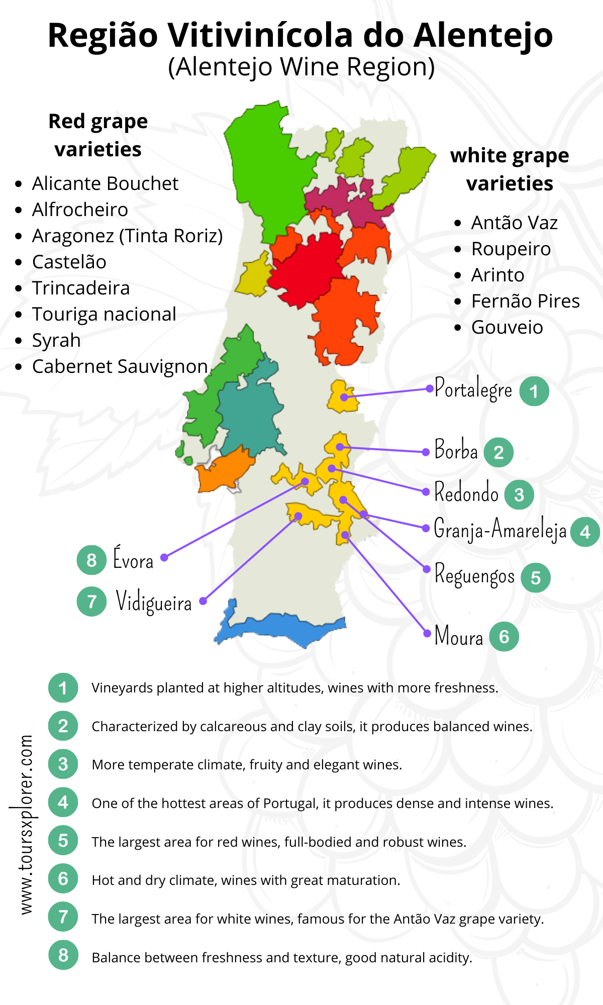 Detailed map highlighting the sub-regions of Alentejo's wine country in Portugal.
