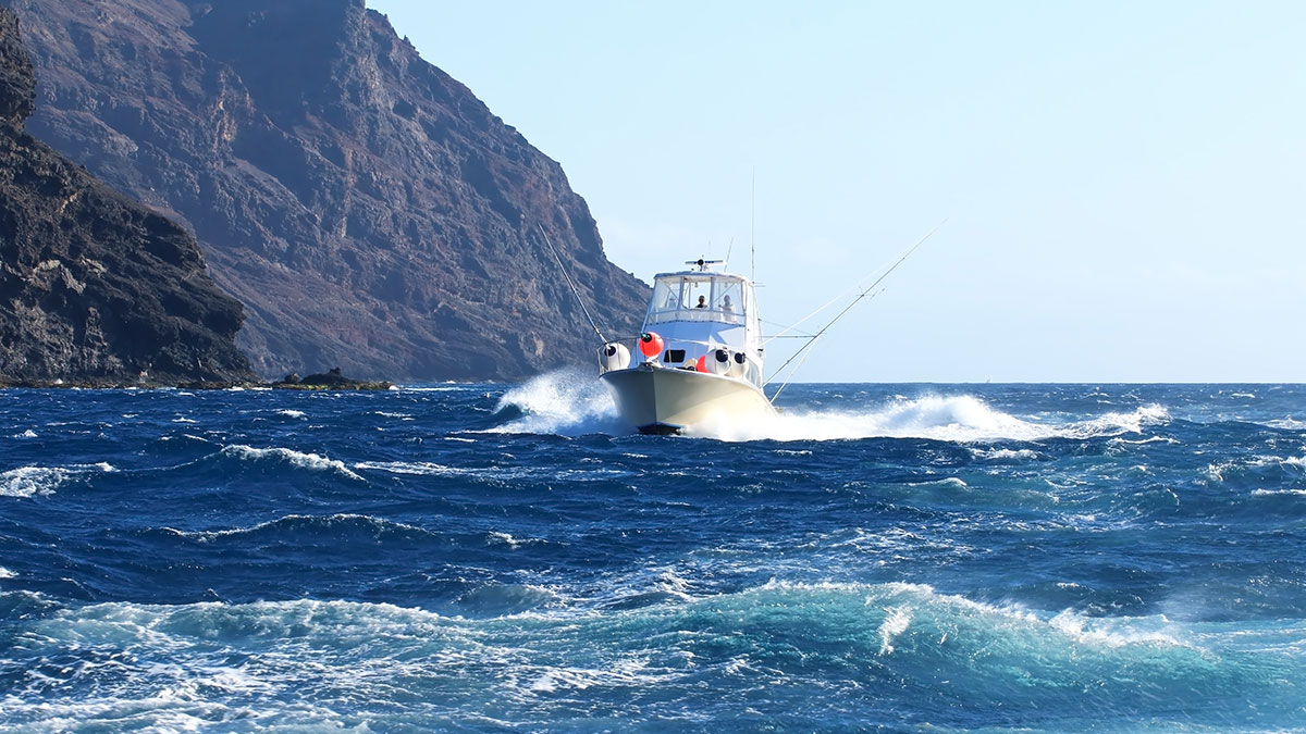 Fishing boat on the waves near the rocks