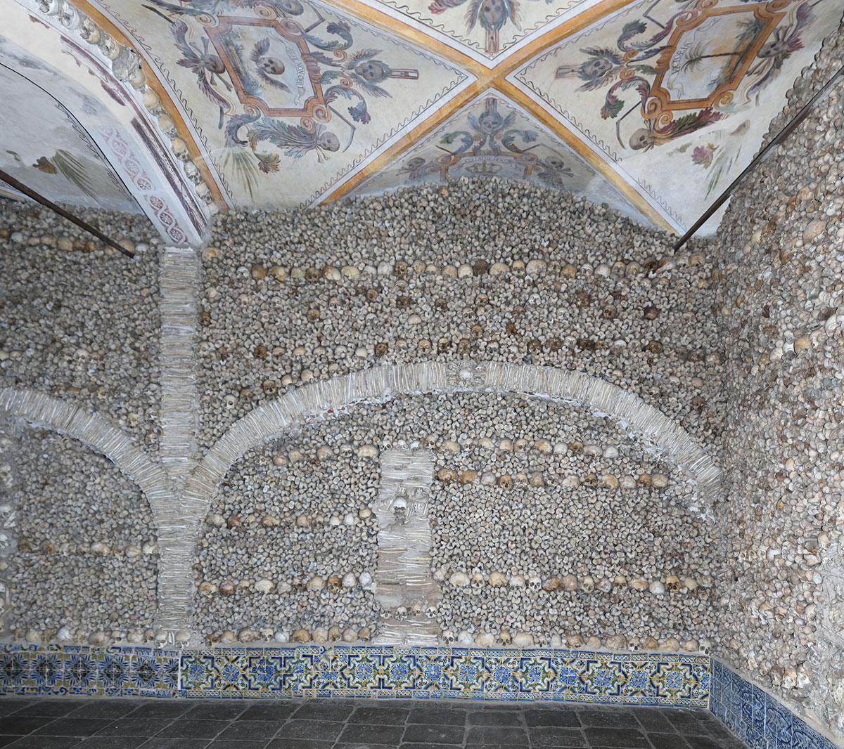 Interior of the Chapel of Bones adorned with human skulls and bones