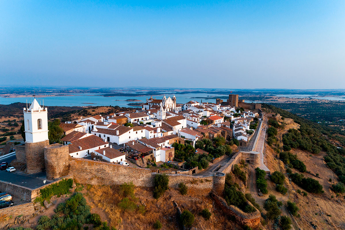 Aerial view of Monsaraz Castle overlooking Alqueva Lake