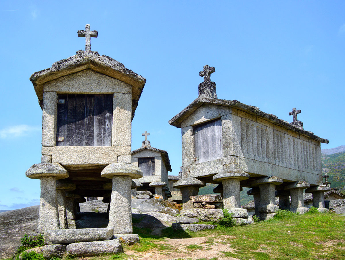 Stone granaries (espigueiros) elevated on pillars in the village of Soajo.