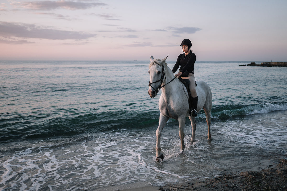 Riders on horseback along the Algarve coastline at sunset.