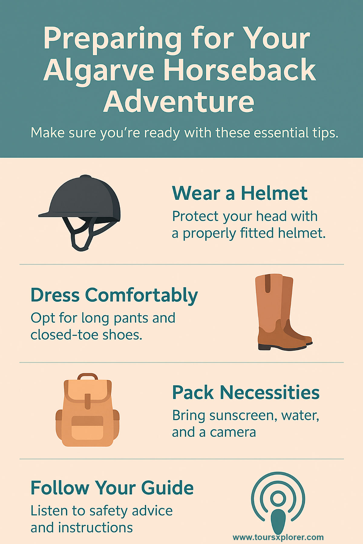 Checklist infographic for horseback riding essentials in the Algarve.