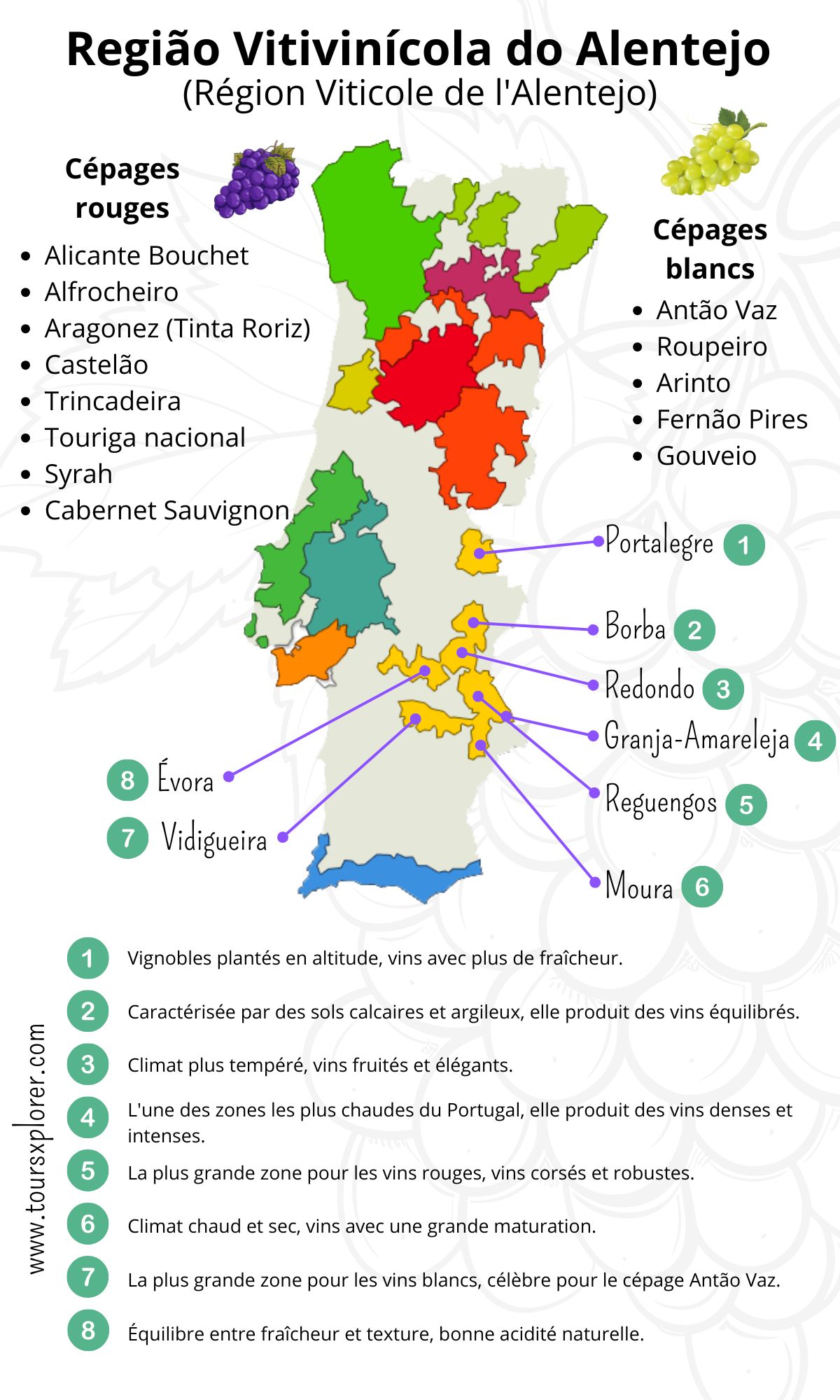 Carte détaillée mettant en évidence les sous-régions de la région viticole de l'Alentejo au Portugal.