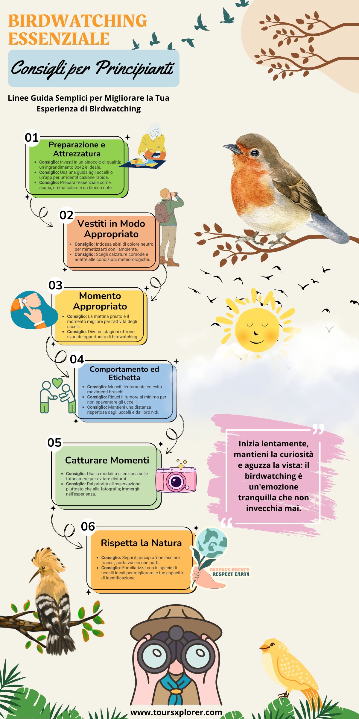 Infografica con i migliori consigli per i birdwatcher alle prime armi.