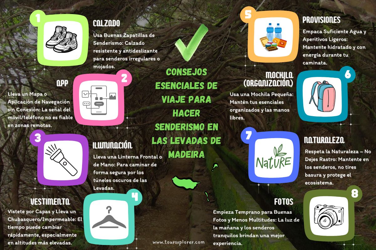 Lista de verificación basada en íconos para practicar senderismo en las Levadas de Madeira, que incluye zapatos, mapa, botella de agua, linterna y chaqueta impermeable.