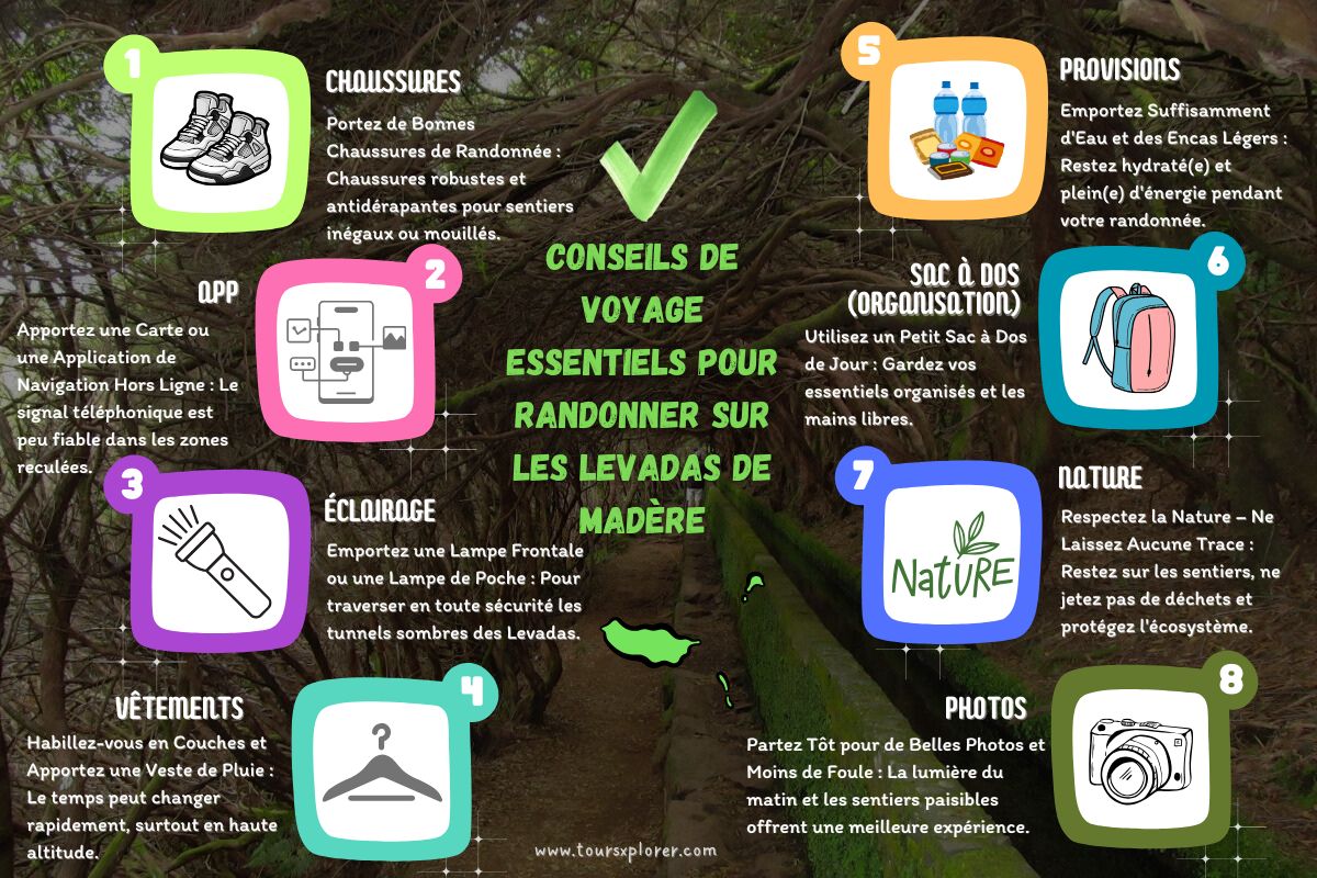 Liste de contrôle basée sur des icônes pour la randonnée dans les levadas de Madère, comprenant des chaussures, une carte, une bouteille d'eau, une lampe de poche et une veste de pluie.