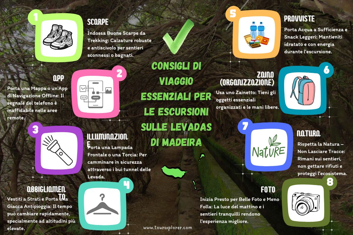Lista di controllo basata sulle icone per l'escursione nelle Madeira Levadas, comprendente scarpe, mappa, bottiglia d'acqua, torcia elettrica e giacca antipioggia.