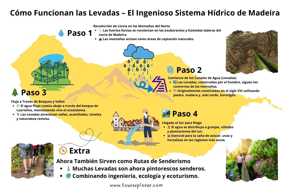 Infografía - Diagrama que muestra el agua recolectada en las montañas del norte de Madeira que fluye a través de las Levadas para irrigar las tierras agrícolas del sur.