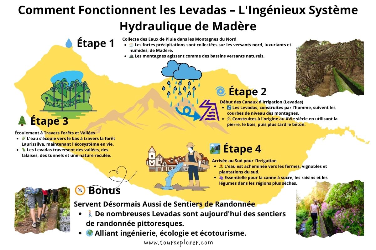 Infographie - Diagramme montrant l'eau collectée dans les montagnes du nord de Madère s'écoulant à travers les Levadas pour irriguer les terres agricoles du sud.