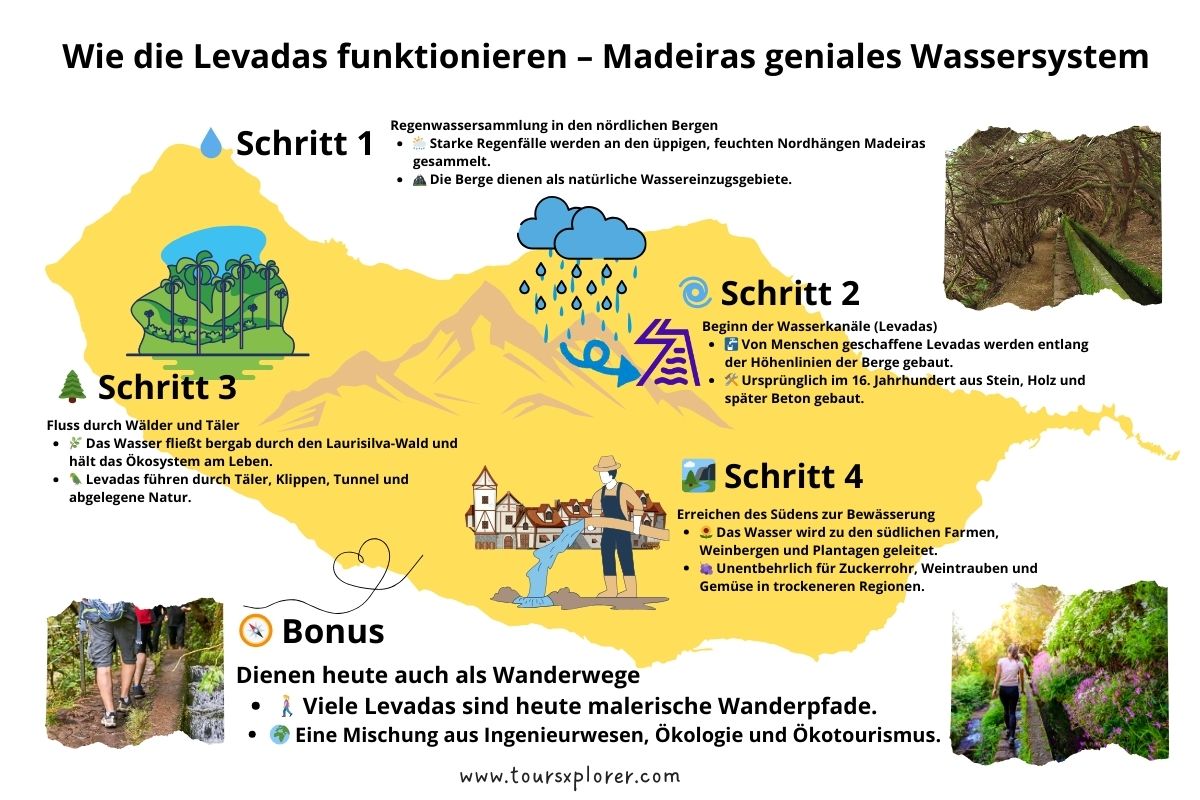 Infografik – Diagramm, das zeigt, wie Wasser, das in den nördlichen Bergen Madeiras gesammelt wird, durch Levadas fließt, um südliches Ackerland zu bewässern.