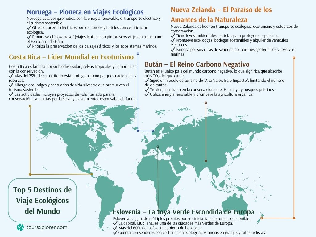 Infografía: Un mapa mundial que muestra los mejores destinos turísticos sostenibles.