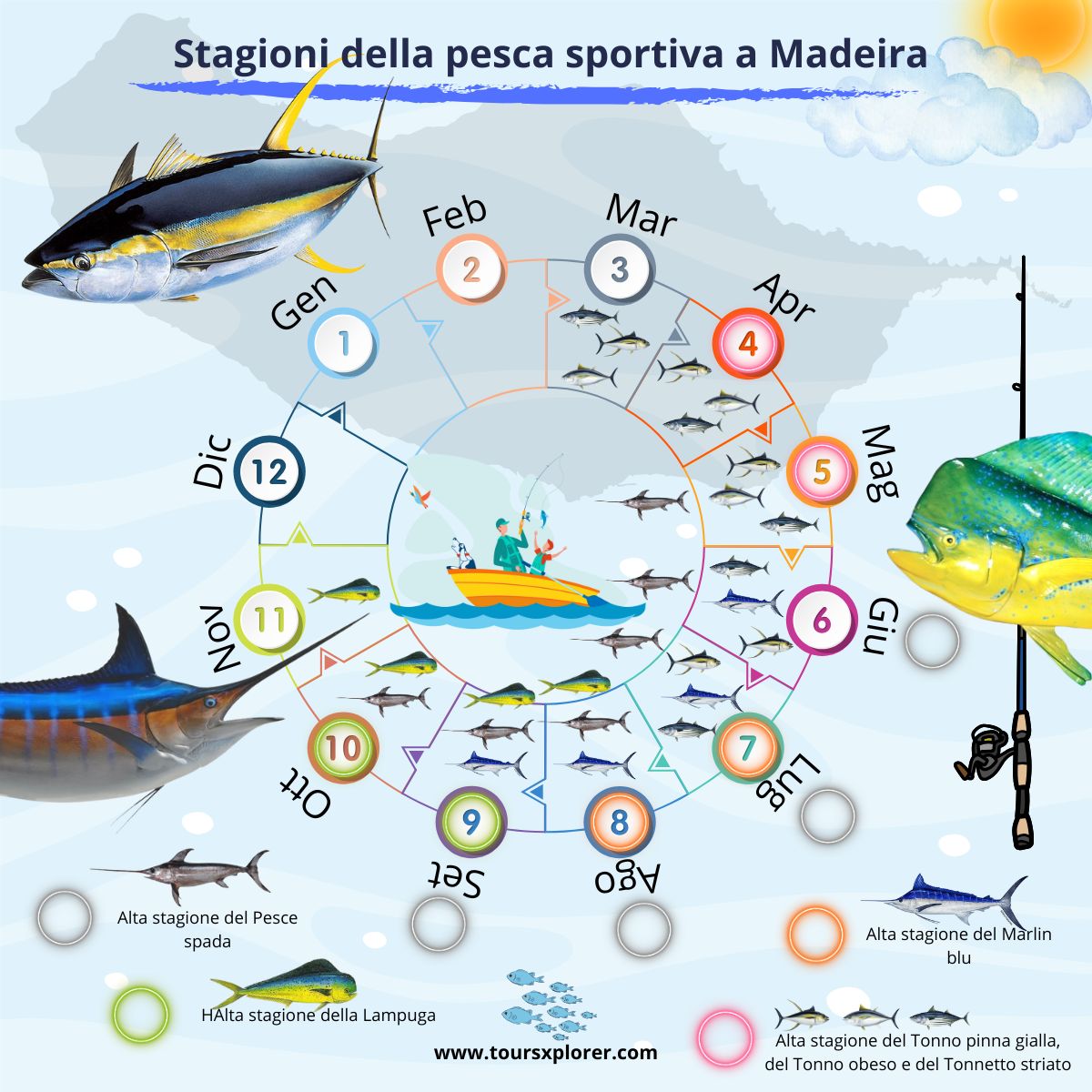 Infografica che illustra le stagioni e le specie di pesca di Madeira