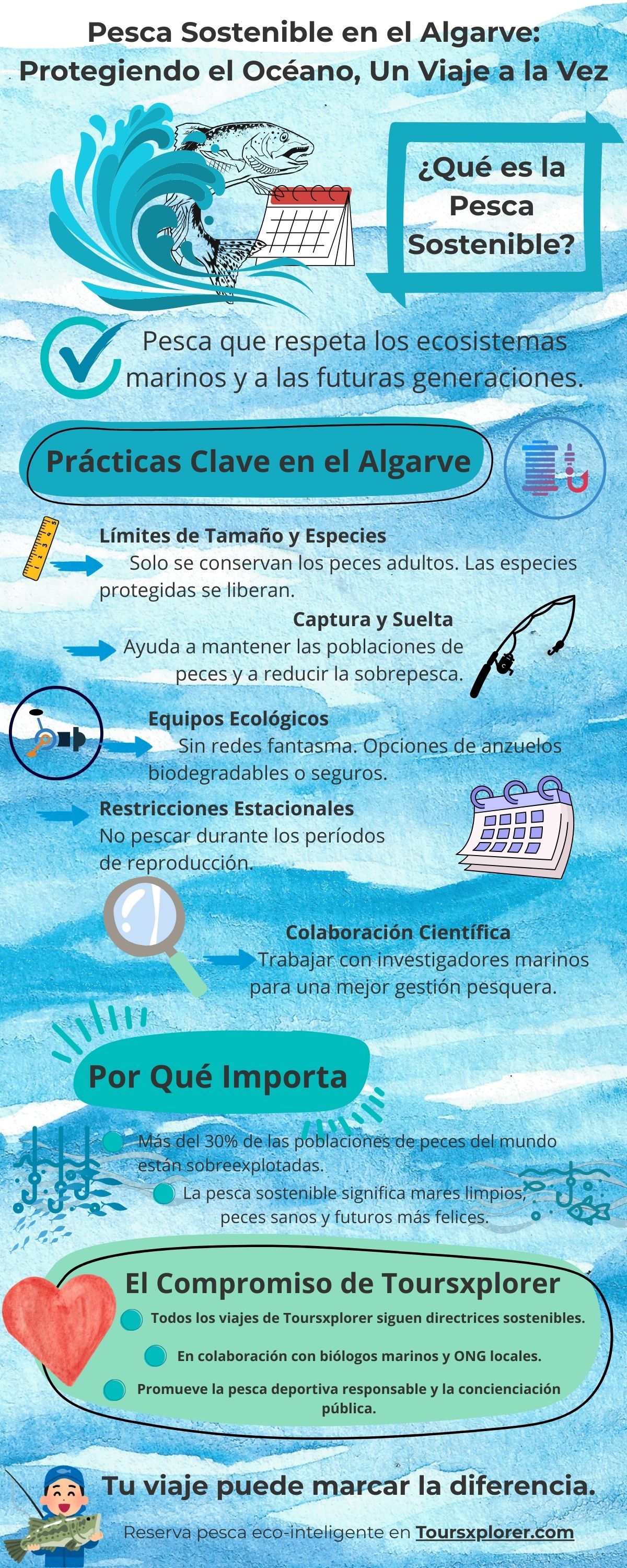Infografía que ilustra los métodos de pesca sostenibles y sus beneficios.