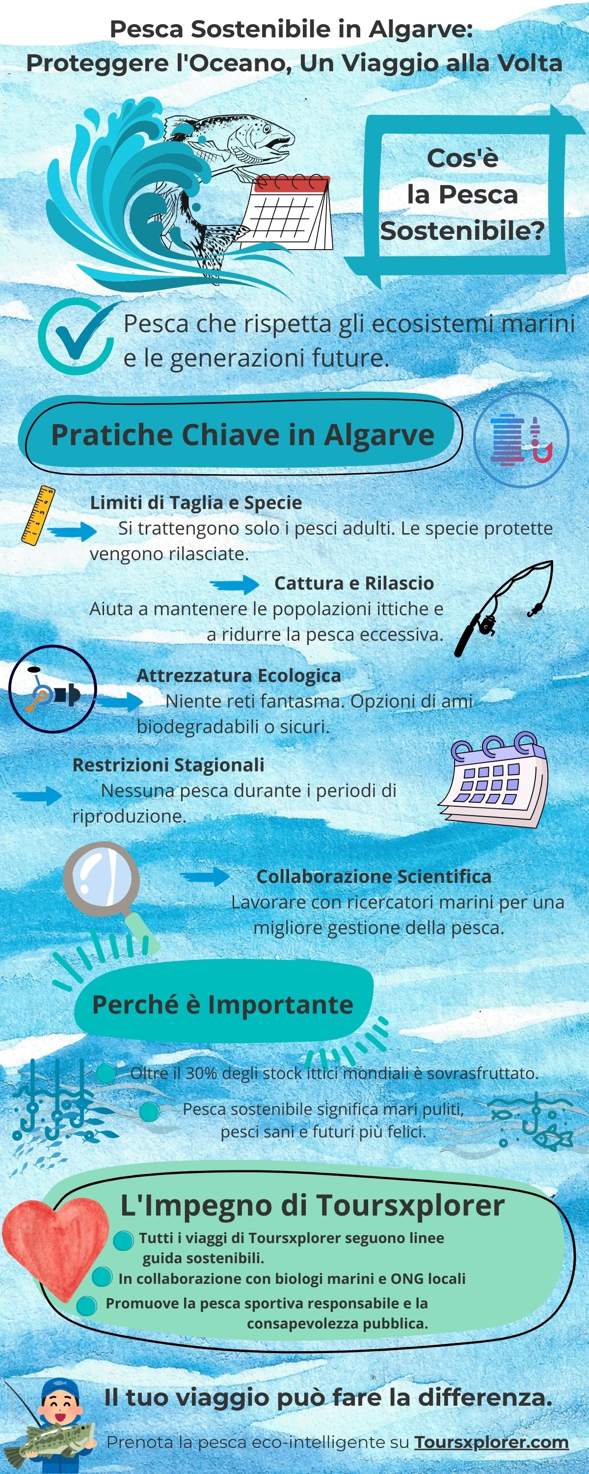 Infografica che illustra i metodi di pesca sostenibili e i loro benefici