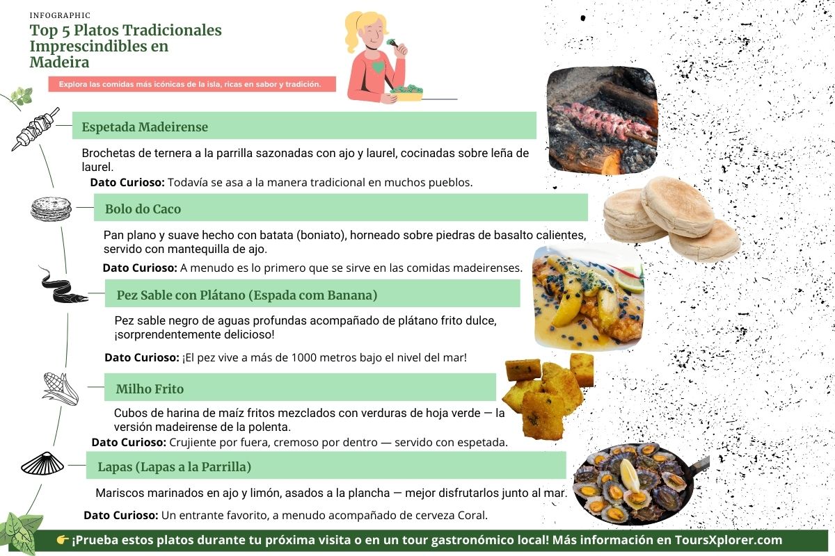 Infografía que muestra los cinco platos tradicionales más importantes de Madeira: espetada, bolo do caco, pez sable con plátano, milho frito y lapas a la parrilla con imágenes y breves descripciones.
