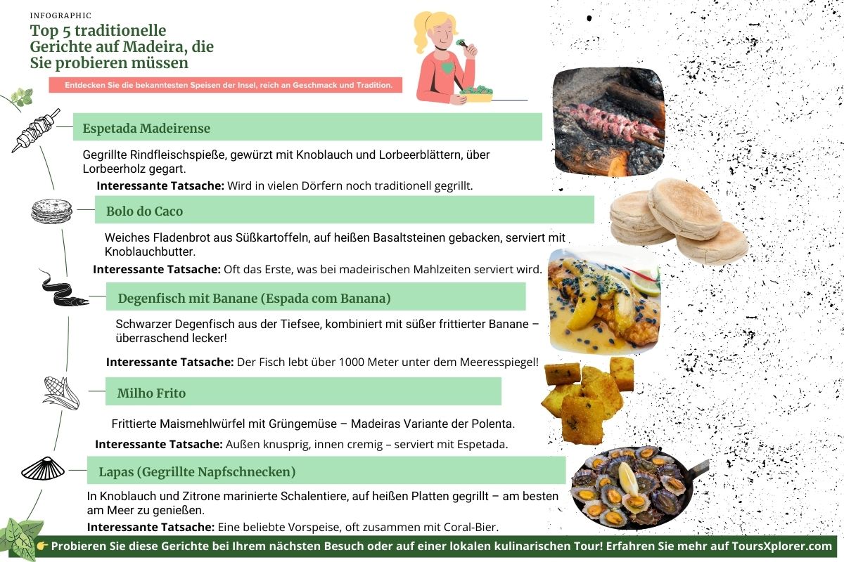 Infografik mit den fünf beliebtesten traditionellen Gerichten Madeiras: Espetada, Bolo do Caco, Degenfisch mit Banane, Milho Frito und gegrillte Napfschnecken mit Bildern und kurzen Beschreibungen.