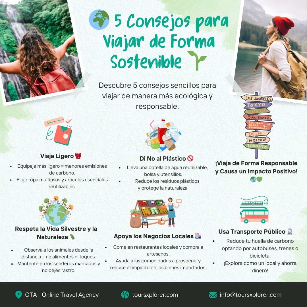 Infografía con los 5 mejores consejos para viajar de forma sostenible.