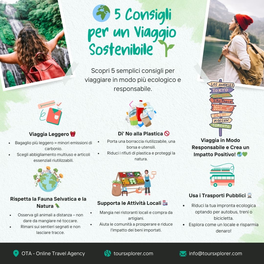 Infografica con i 5 migliori consigli per viaggiare in modo sostenibile.