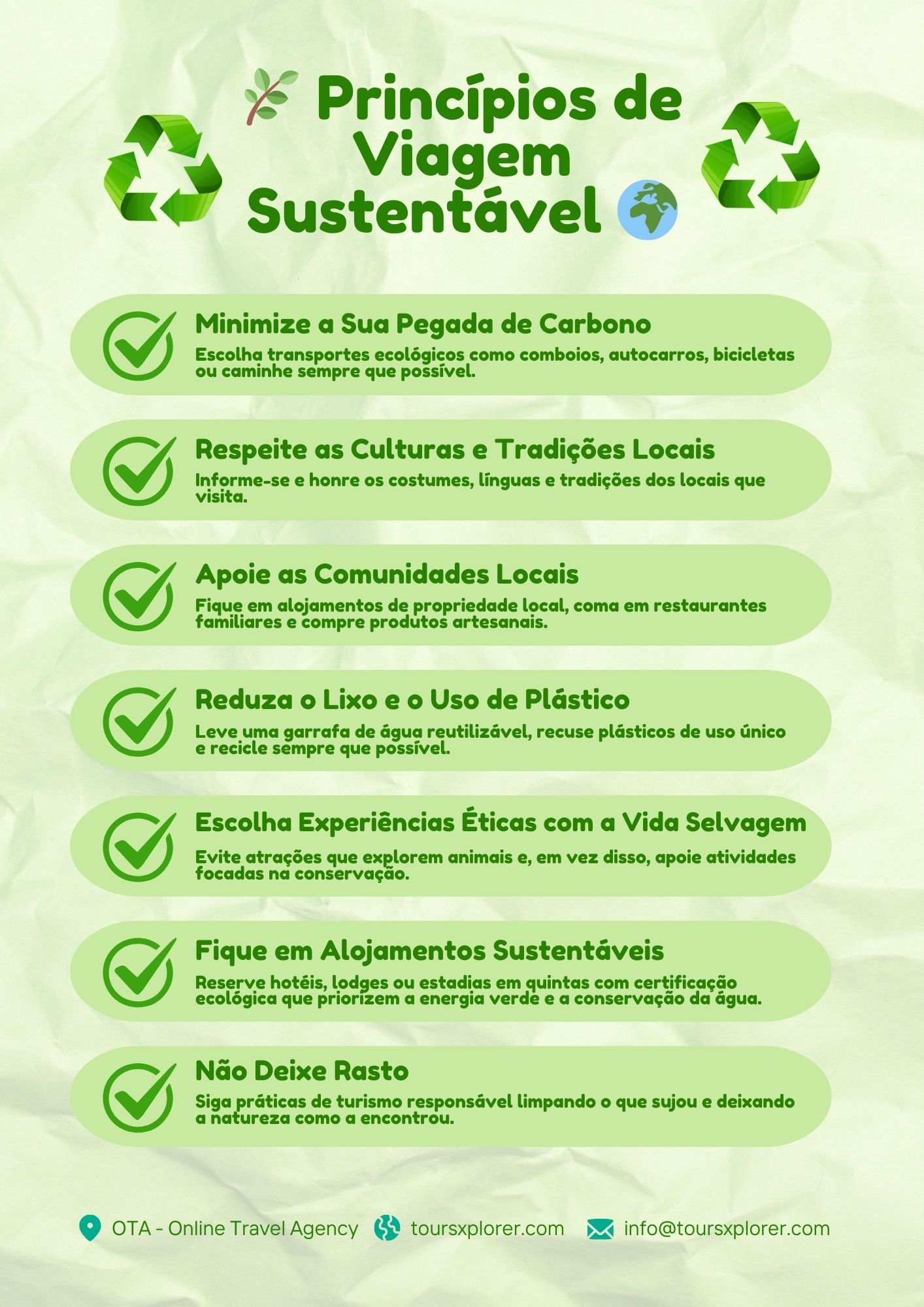 Infográfico - Lista de verificação de práticas de viagens sustentáveis ​​para viajantes ecologicamente conscientes.